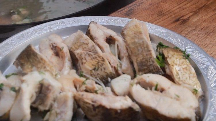 Pieces of fish removed from the fish soup.