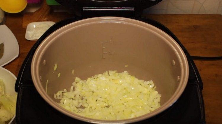 Dans un bol d'un multicuiseur à l'huile végétale, faites revenir les oignons.