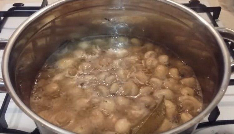 mettre les champignons dans une marinade bouillie et cuire.