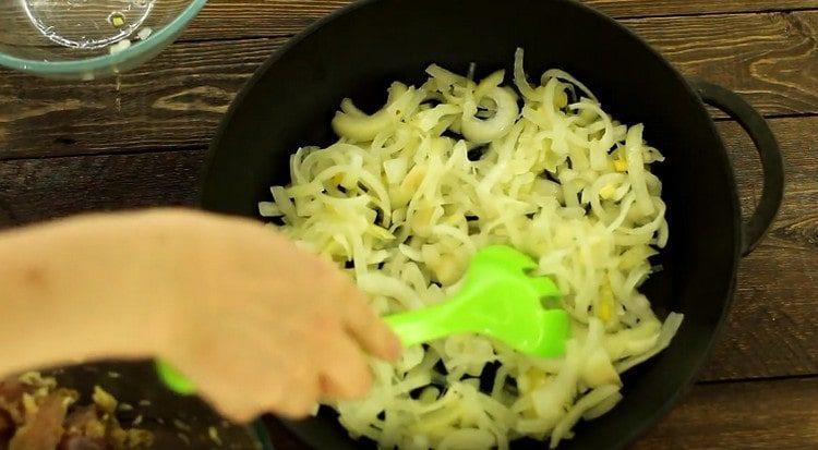 put the onion in a baking dish.