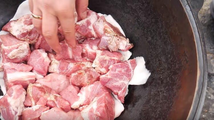 Encima del tocino, coloque un trozo de carne en una capa.