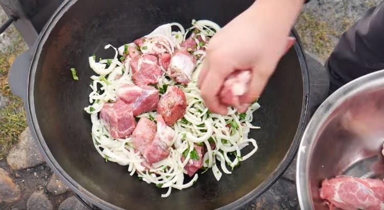 saupoudrer la viande avec une partie de l'oignon avec des herbes et faire à nouveau une couche de viande.