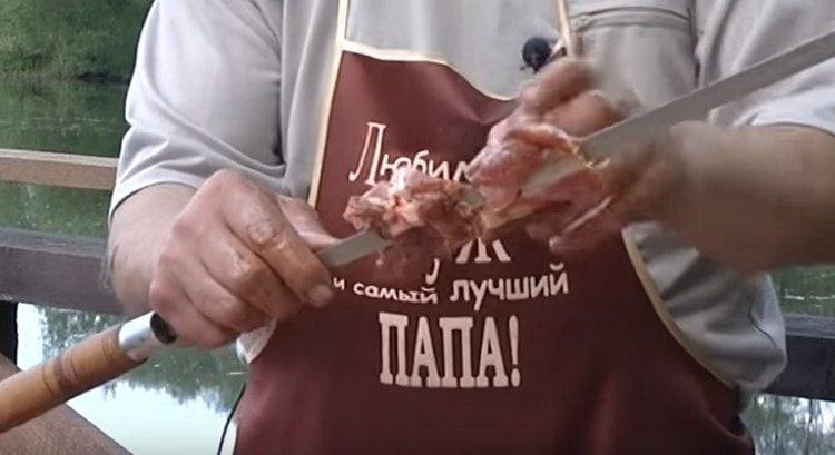 pieces of meat strung on a skewer.