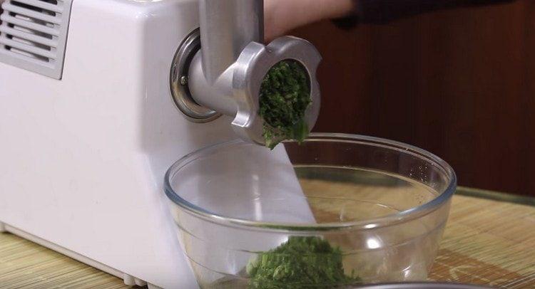 We pass the cilantro through a meat grinder.