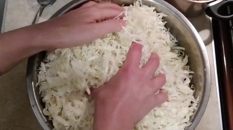 Pétrir le chou avec les mains en y ajoutant du sel.