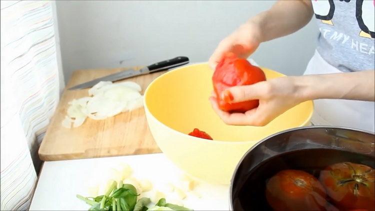 To clean the dish, peel the tomato