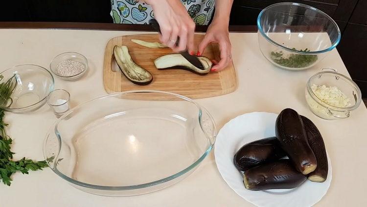 Prepare the eggplant for cooking.