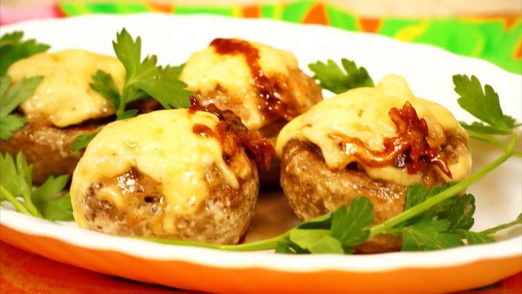 Mushrooms stuffed with chicken and cheese in the oven according to a step by step recipe with photo