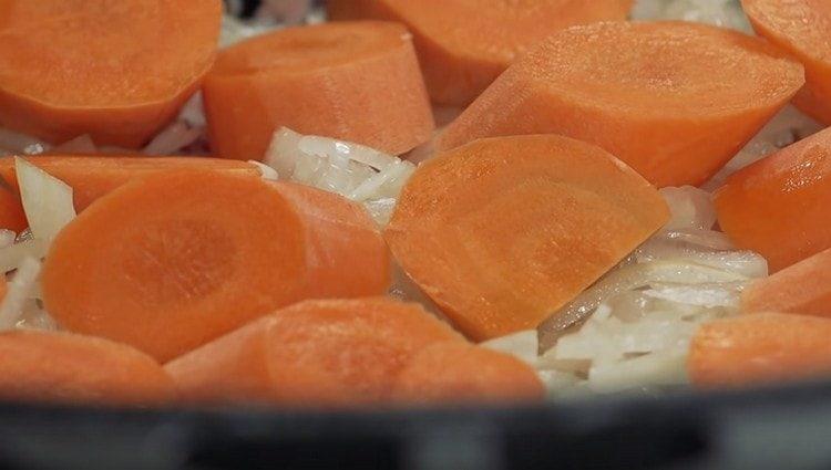 Couper les carottes et les répartir sur l'oignon.