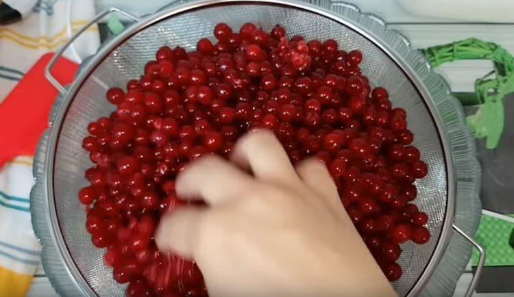 We sort red currants, rinse.