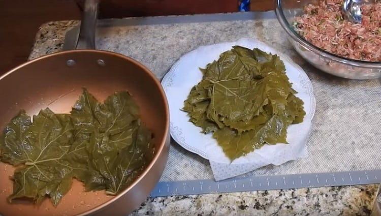 Cubra el fondo de la sartén para cocinar dolma con hojas de uva.