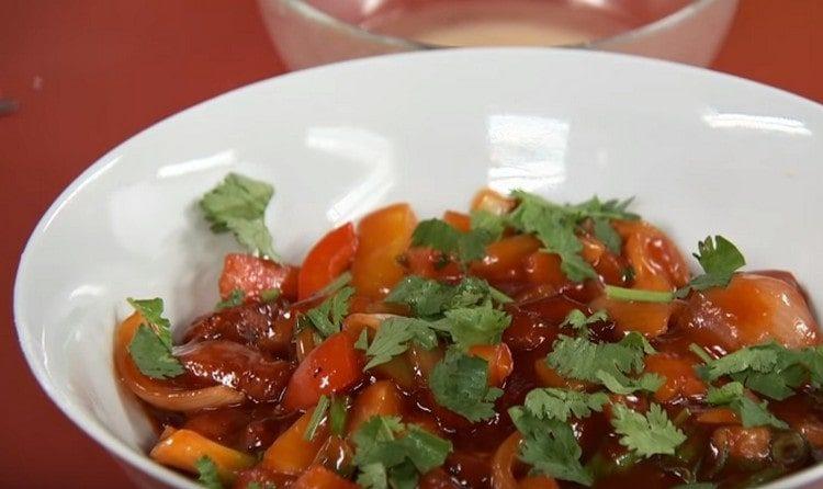 Here is a Chinese dish, pork in sweet and sour sauce.