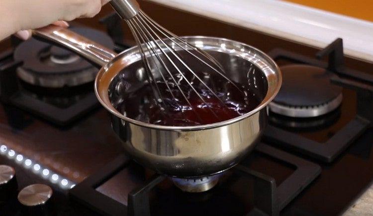 Pour syrups into a saucepan, set to boil.