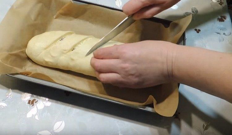 Nous tordons la pâte en un rouleau, la posons sur une plaque à pâtisserie, faisons des coupures.