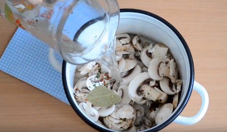 Hacher les champignons. verser de l'eau dans une casserole.