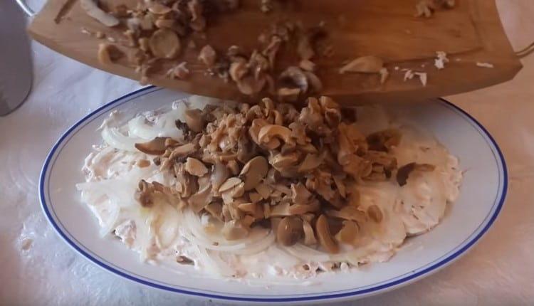 cut the mushrooms, spread out on top of the onion.