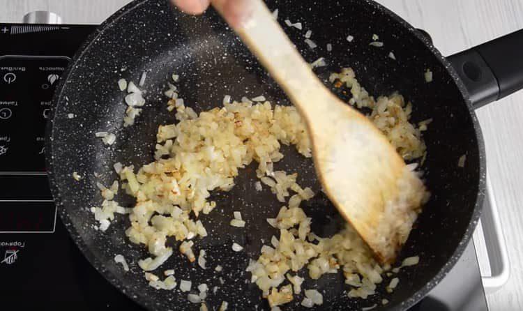 fry the onions with garlic until golden brown in a pan.