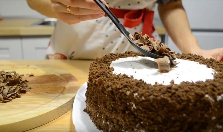 Sprinkle the sides of the cake with crumbs from the biscuit, decorate the middle with chocolate chips.