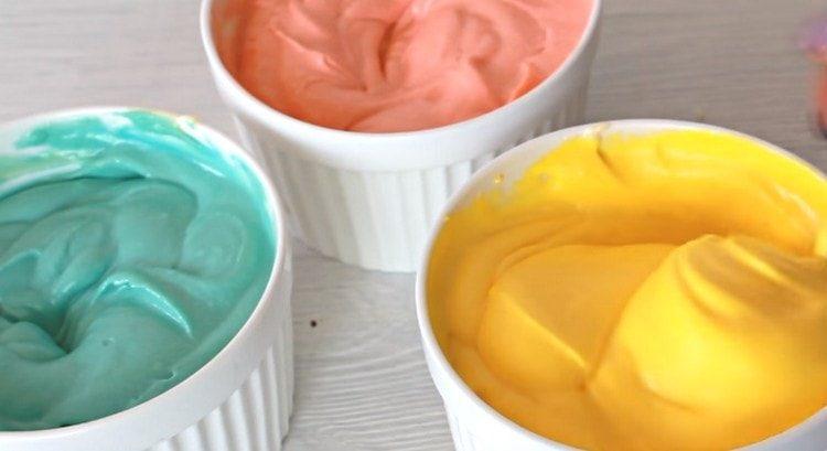 divide the remaining cream into parts and add food coloring to them.