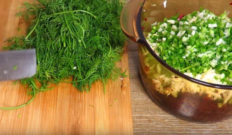 Grind fresh green onions and dill, add to previously prepared foods.