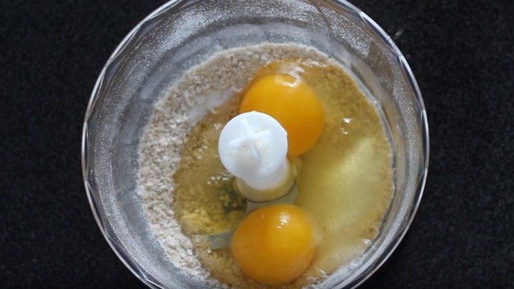 Add sugar, eggs.