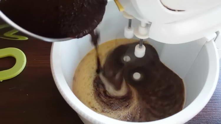 pour chocolate into the egg mixture