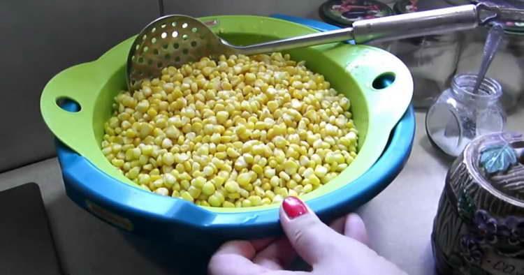 jeter les grains de maïs dans une passoire