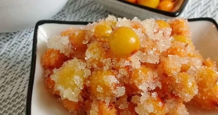 Tasty and healthy sea buckthorn with sugar for the winter without cooking