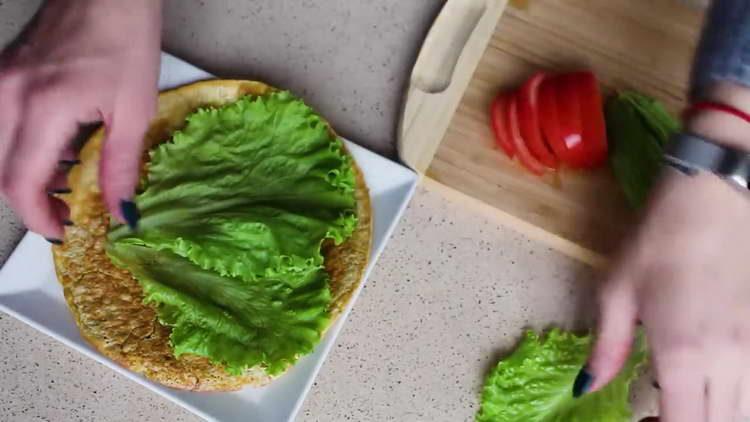 lay out lettuce on a pancake