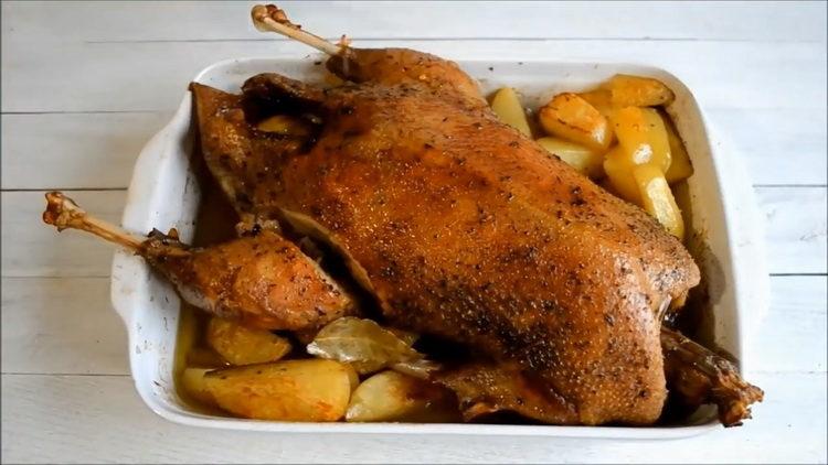 Baked goose with potatoes and apples in the sleeve, in the oven, whole.