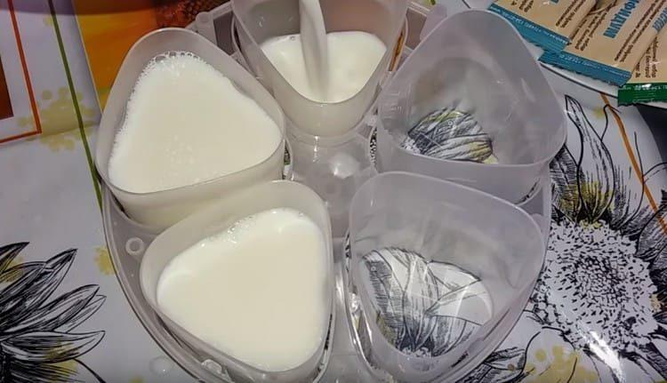 Después de mezclar la leche, viértala en el recipiente para hacer yogurt.