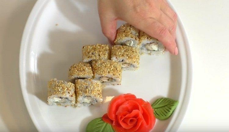 Serve rolls with chicken traditionally. with avsabi and ginger.