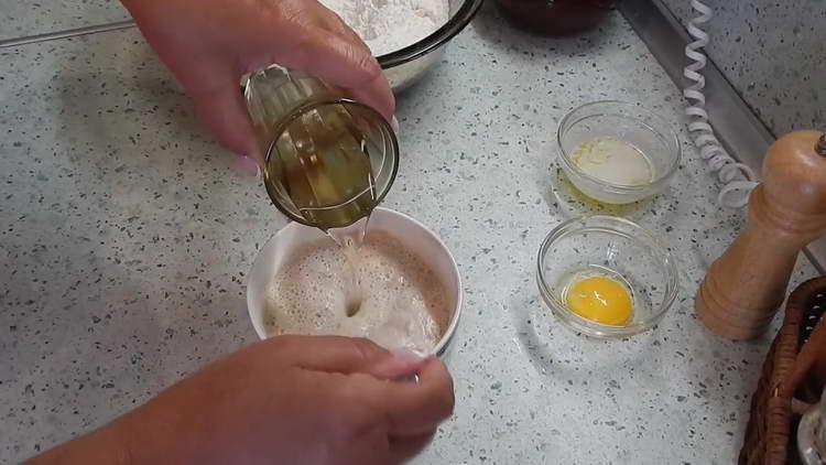 pour oil into eggs